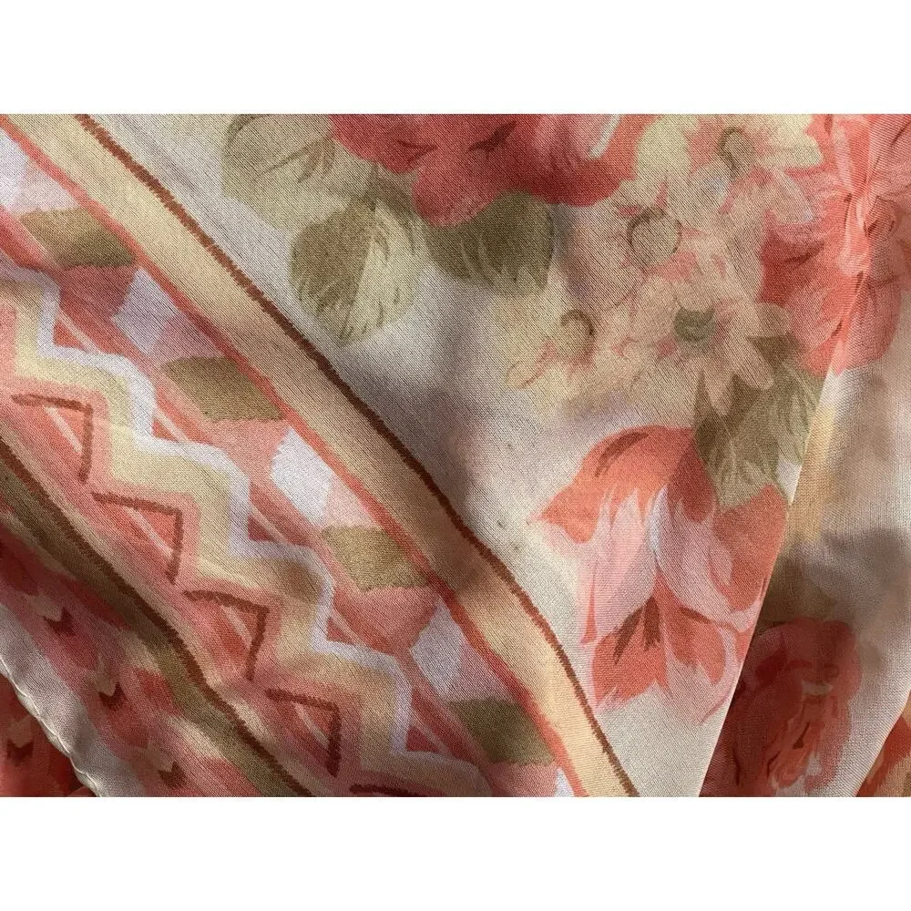 Vintage 70s Pure Silk Chiffon Scarf 35” Pink Rose Floral Cottagecore Fairy